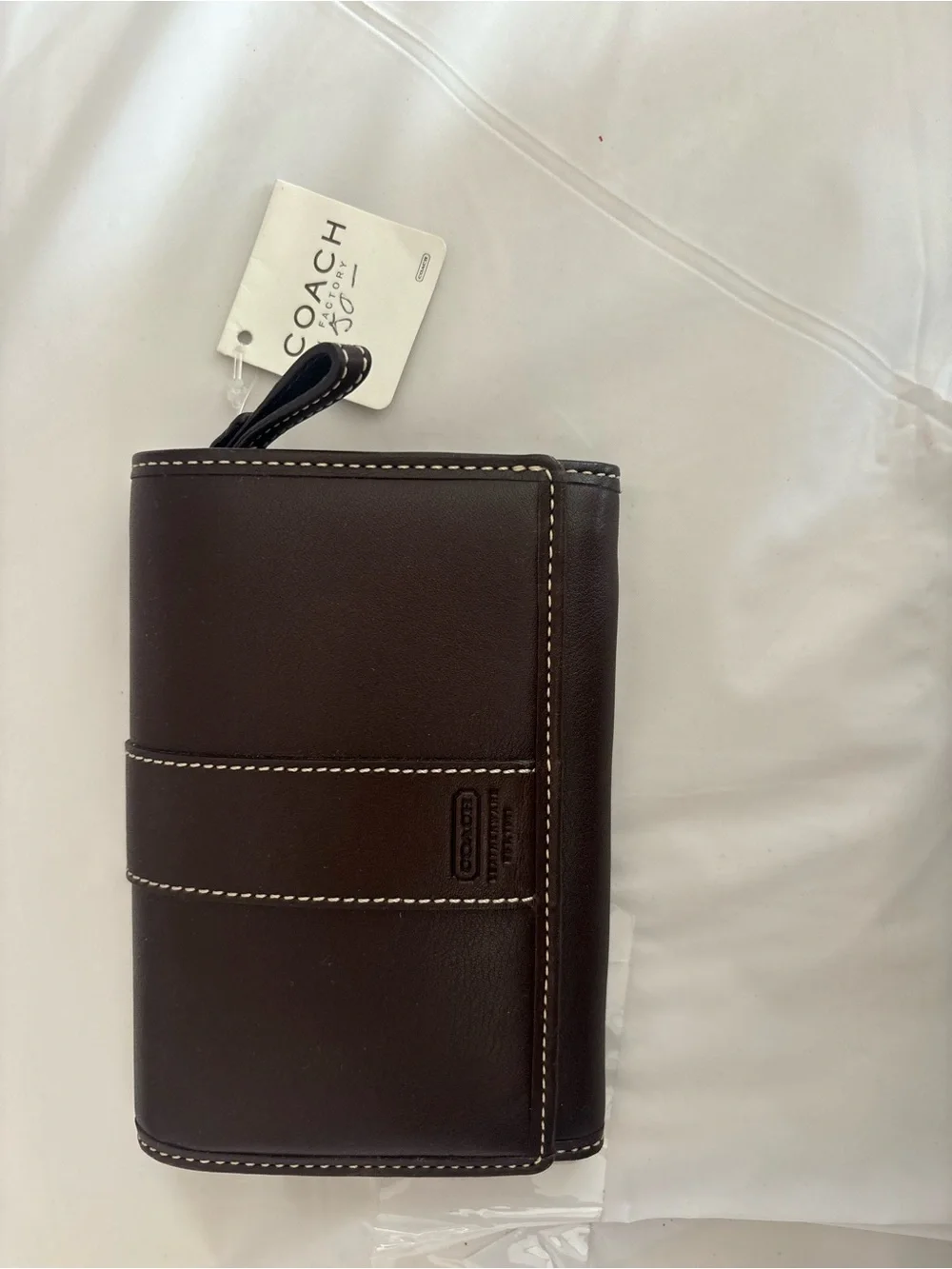 Coach Dark Brown Leather Travel Wallet with White Contrast Stitching